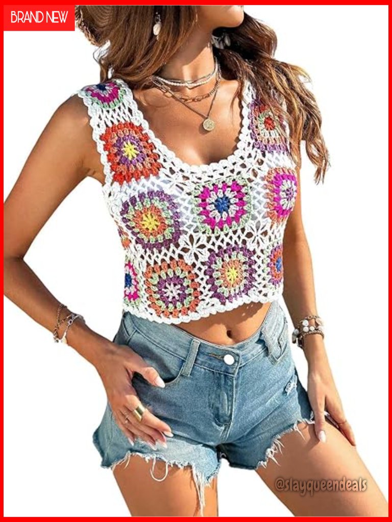 Sleeveless Crochet Crop Tank Top With Open Back And Floral Print